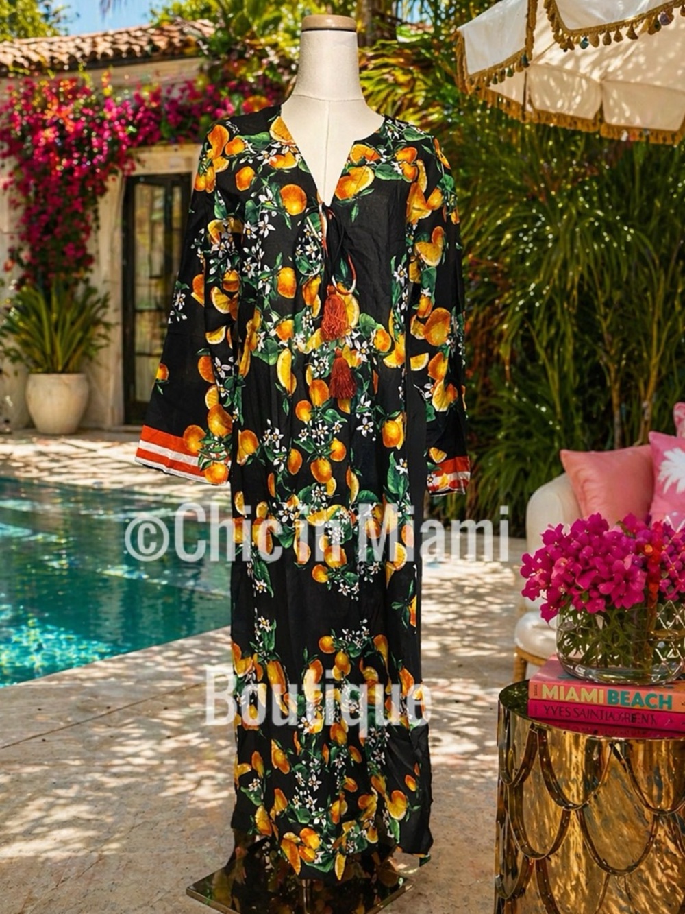 Antica Sartoria 2026 Black Orange Print Maxi Dress with Tassel Tie